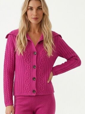 Anne‎ Klein pink cropped sweater button down front cowl collar size M